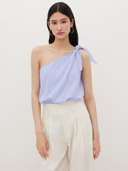 Cotton-blend Asymmetrical Neck Stripe Knotted Shirt Bodysuit