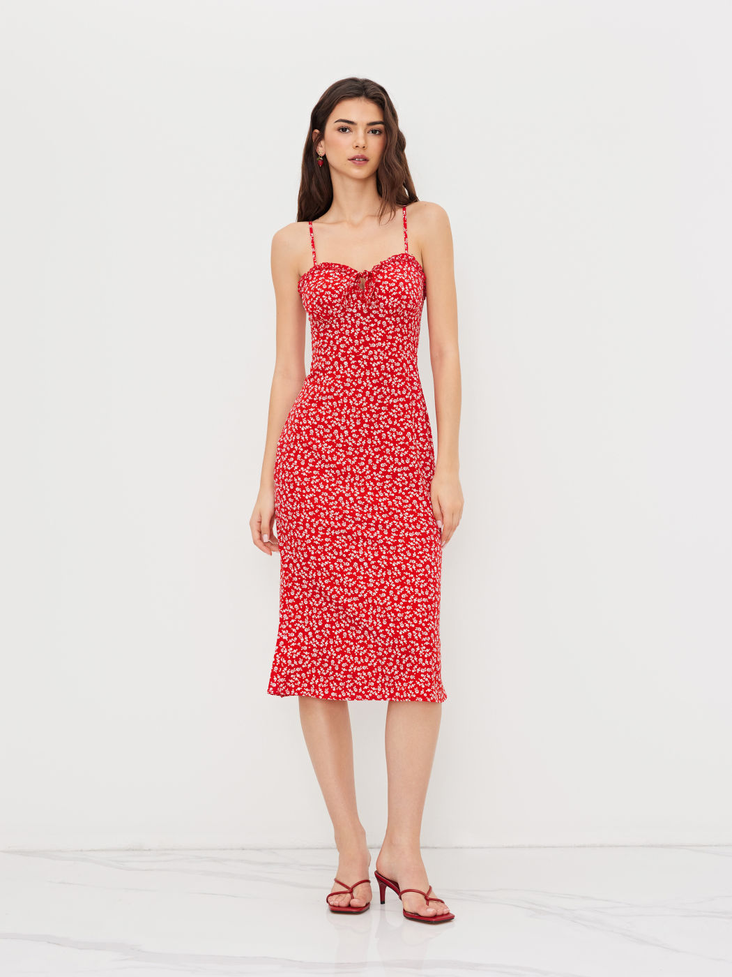 V-neck Floral Ditsy Lettuce Trim Knotted Midi Dress