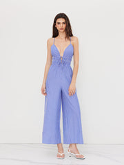 V-neck Stripe Knotted Shirred Wide Leg Jumpsuit