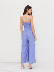 V-neck Stripe Knotted Shirred Wide Leg Jumpsuit