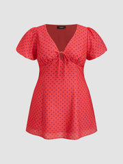 V-neck Puff Sleeve Polka Dot Knotted Mini Dress Curve & Plus
