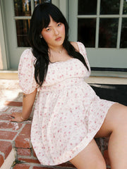 Square Neck Floral Lace Up Puff Sleeve Mini Dress Curve & Plus