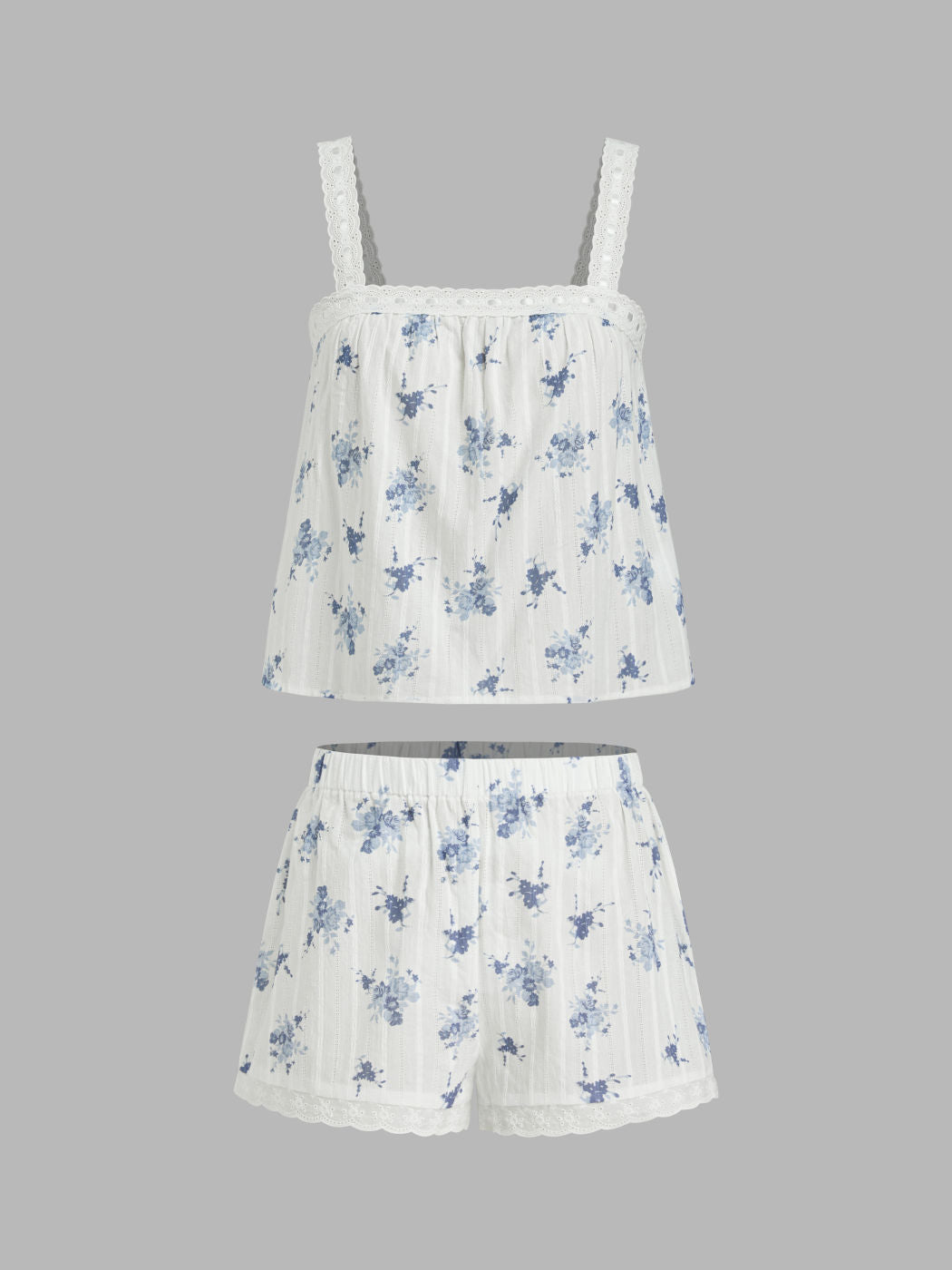 100% Cotton Square Neck Floral Oversized Cami Top & Mid Rise Elastic Waist Shorts Loungewear Set