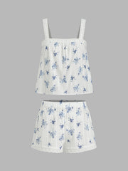 100% Cotton Square Neck Floral Oversized Cami Top & Mid Rise Elastic Waist Shorts Loungewear Set