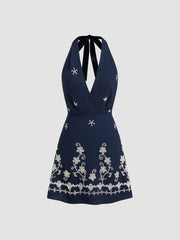 Halter V-Neck Floral Knotted Embroidery Mini Dress