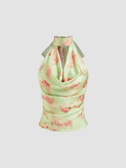 Satin Halter Neckline Floral Bowknot Tank Top