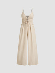 V-neck Stripe Knotted Shirred Wide Leg Jumpsuit