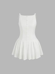 Linen-blend Boat Neck Backless Ruffle Mini Dress