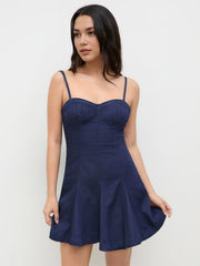 Stretch Denim Sweetheart Ruffle Mini Dress