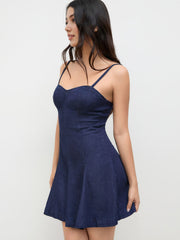 Stretch Denim Sweetheart Ruffle Mini Dress