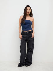 Stretch Denim Shirred Bowknot Crop Bandeau Top