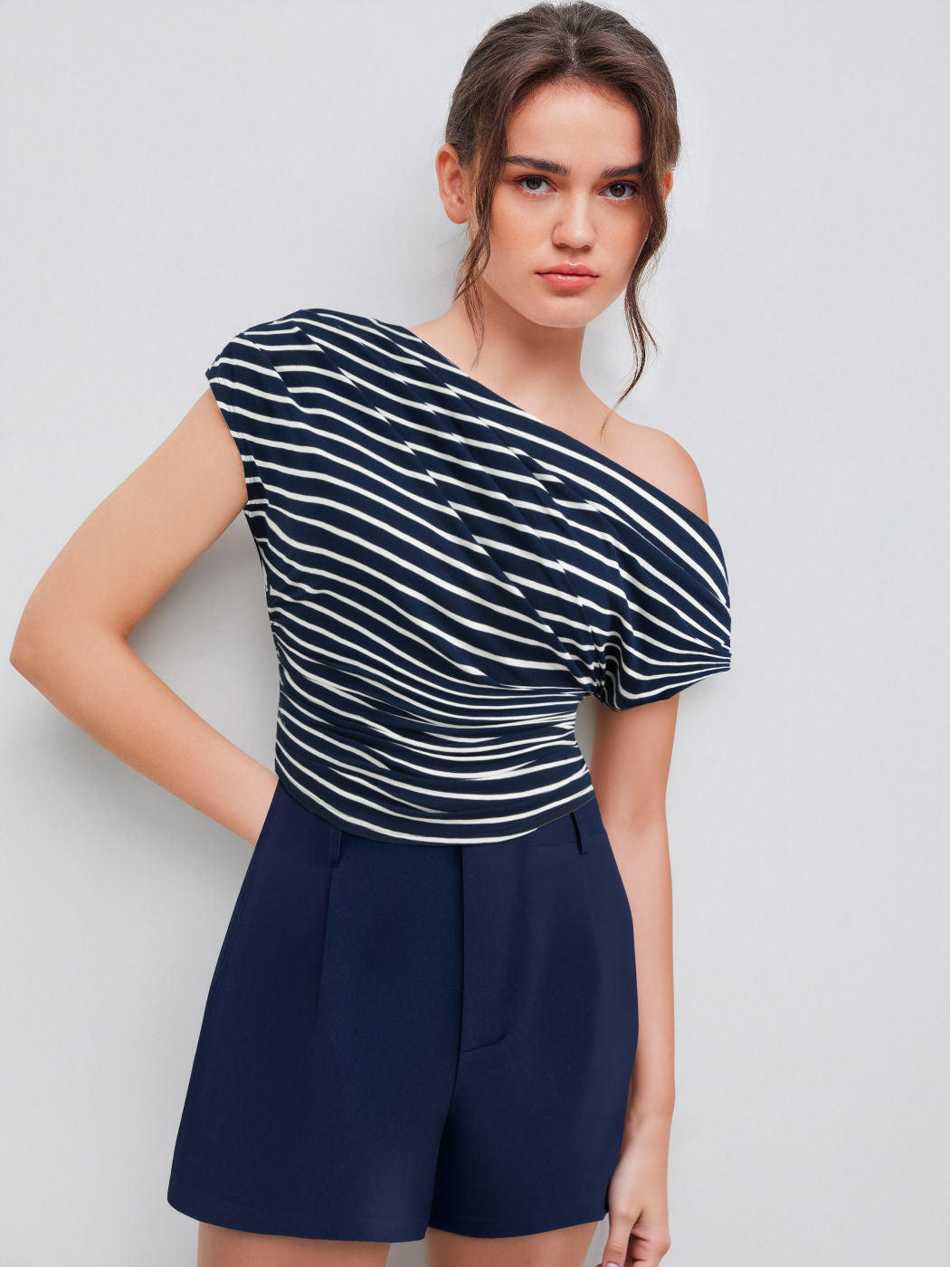 Cotton-blend Asymmetrical Neck Striped Ruched Short Sleeve Top & Cotton High Rise Shorts