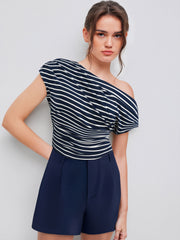 Cotton-blend Asymmetrical Neck Striped Ruched Short Sleeve Top & Cotton High Rise Shorts