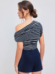 Cotton-blend Asymmetrical Neck Striped Ruched Short Sleeve Top & Cotton High Rise Shorts