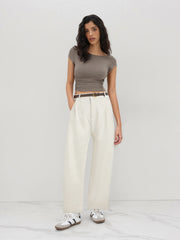 Boat Neck Ruched Tee & Linen-Blend Solid Wide Leg Pants With Belt
