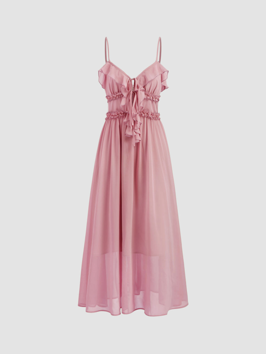 Chiffon V-neck Ruffle Lettuce Trim Knotted Maxi Dress