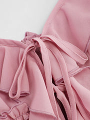 Chiffon V-neck Ruffle Lettuce Trim Knotted Maxi Dress