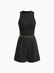 Round Neckline Pocket Romper With Belt