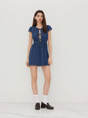 Denim Cut Out Tie Front Bowknot Mini Dress