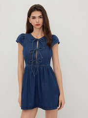 Denim Cut Out Tie Front Bowknot Mini Dress
