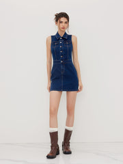 Stretch Denim Collar Button Mini Dress