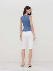 Stretch Denim Round Neckline Pleated Top