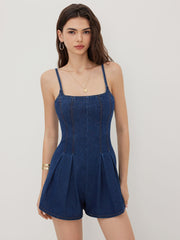 Denim Pleated Zipper Romper