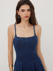 Denim Pleated Zipper Romper