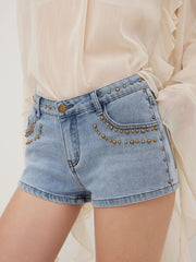 Stretch Denim Low Rise Rivet Micro Shorts