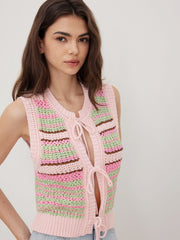 Knitted Stripe Tie Front Bow Crop Vest