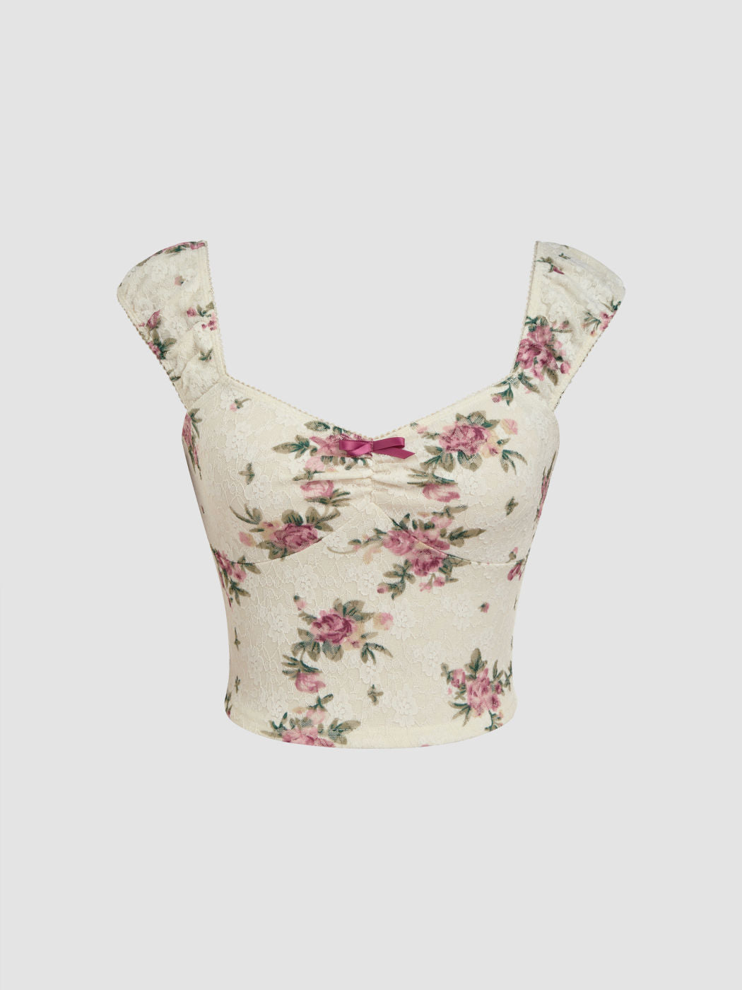 Mesh V-neck Floral Bow Lace Tee