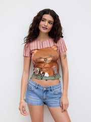 Cotton-blend Bear Graphic Stripe Short Sleeve Tee