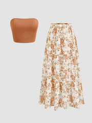 Solid Crop Tube Top & Mid Rise Floral Ruffle Tiered Maxi Skirt Set