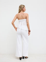 100% Cotton Broderie Anglaise Asymmetrical Ruffle Hem Bandeau Top & High Rise Wide Leg Trousers Set