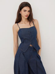 Denim Square Neck Button Through Split Cami Top