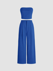 Solid Shirred Tube Top & High Waist Pants Set