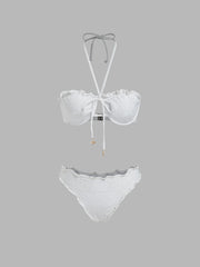Halter Neckline Broderie Anglaise Lettuce Trim Dragonfly Detail Underwire Cheeky Bikini Set