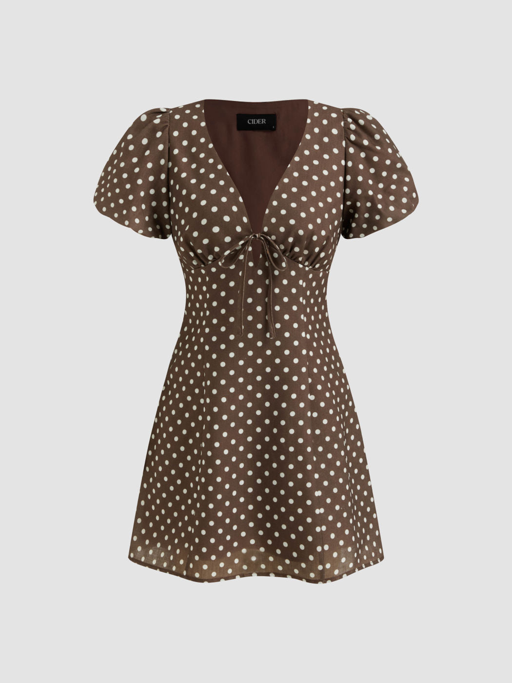 V-neck Puff Sleeve Polka Dot Knotted Mini Dress