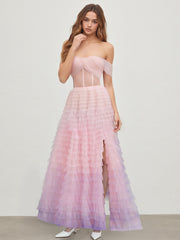 Off-shoulder Ombre Corset Tulle Tiered Gown Maxi Dress