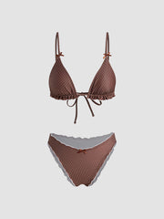 V-neck Polka Dot Lettuce Trim Bowknot Halter Bikini Set