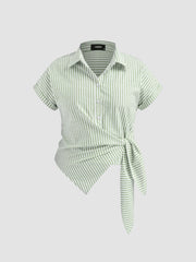 Cotton-blend Collar Stripe Knotted Short Sleeve Shirt Curve & Plus