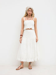 100% Cotton Mid Rise Broderie Anglaise Ruffle Maxi Skirt