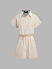 Linen-blend Polo Elastic Waist Romper