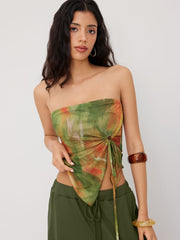 Mesh Tie Dye Drawstring Bandeau Top & Mid Rise Drawstring Wide Leg Trousers Set