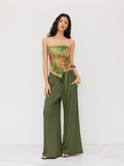 Mesh Tie Dye Drawstring Bandeau Top & Mid Rise Drawstring Wide Leg Trousers Set