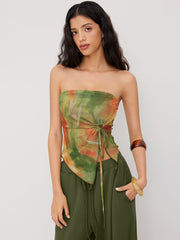 Mesh Tie Dye Drawstring Bandeau Top & Mid Rise Drawstring Wide Leg Trousers Set