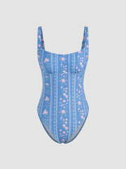 Shaping U-neckline Floral One Piece Swimsuit