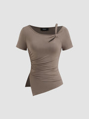 Asymmetrical Neck Cut Out Ruched Split Top