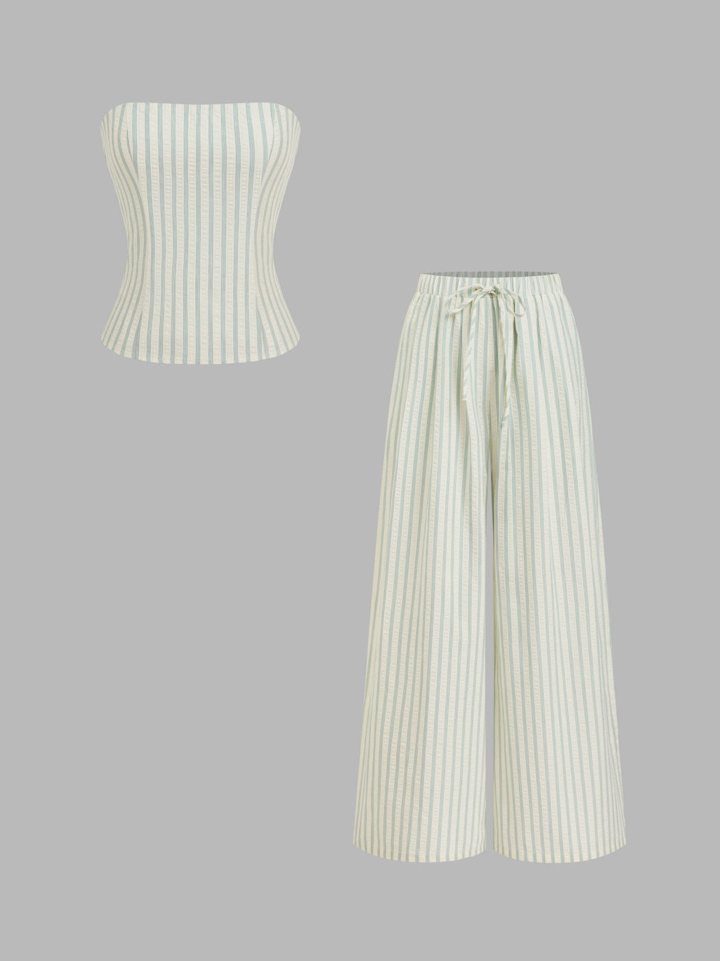 Cotton-blend Stripe Bandeau & Knotted Wide Leg Trousers Set