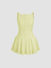 Linen-blend Boat Neck Backless Ruffle Mini Dress
